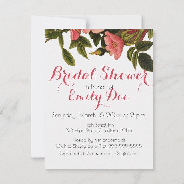 Invitación Rosas de época bello botánico rosado (Anverso)