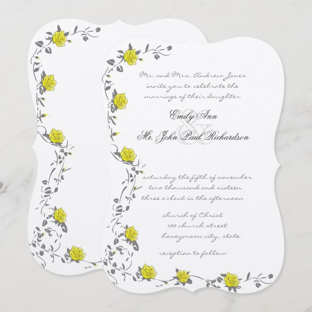 Invitación Rosas de época Boda amarillo y gris (Anverso / Reverso)