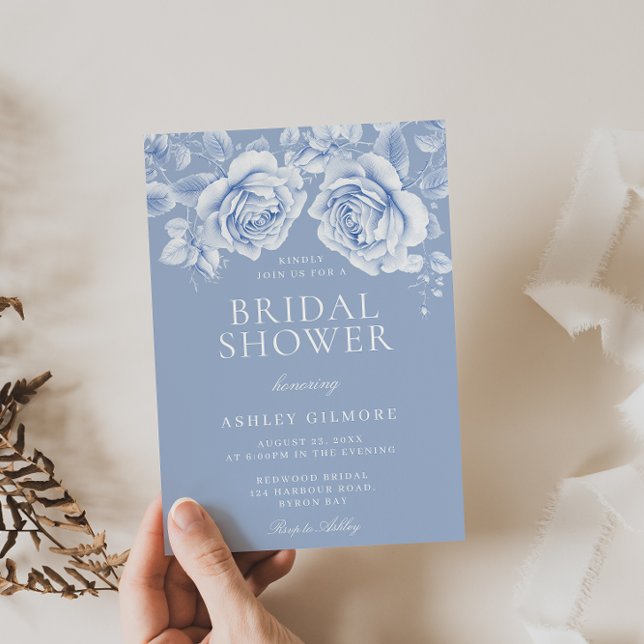 Invitación Rosas de época elegante ducha azul de novia (Subido por el creador)