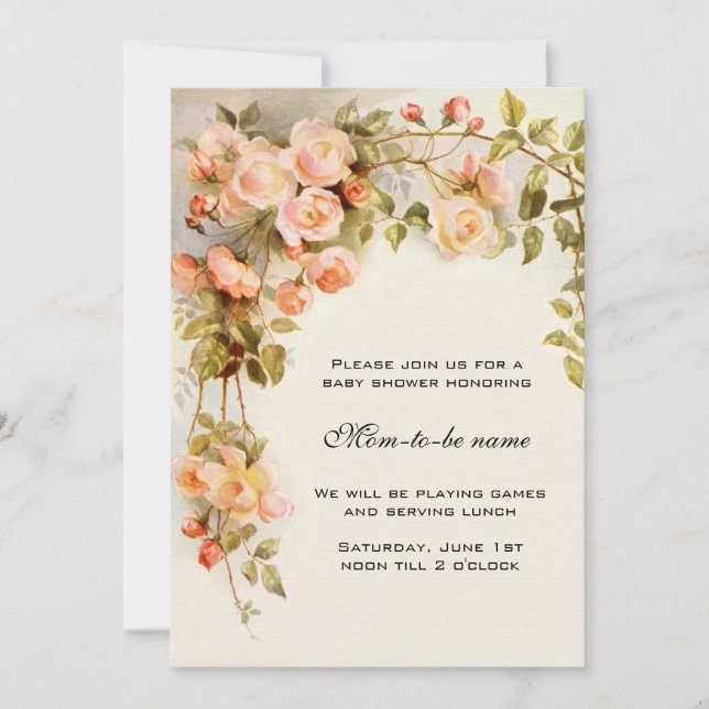 Invitación Rosas de época, flores antiguas, Baby Shower flora (Anverso)