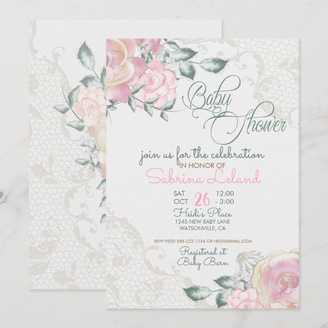Invitación Rosas de época y Baby Shower de encaje antiguo (Anverso / Reverso)