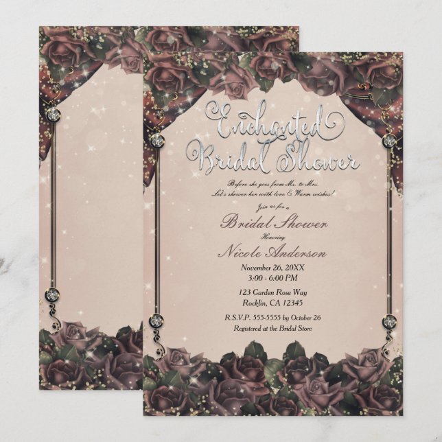 Invitación Rosas de Especias Malva Brillo Brillo Despedida de (Anverso / Reverso)