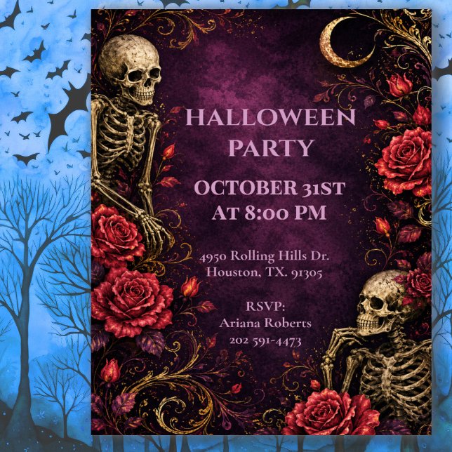Invitación Rosas de Esqueleto Gótico Fiesta de Halloween (Subido por el creador)
