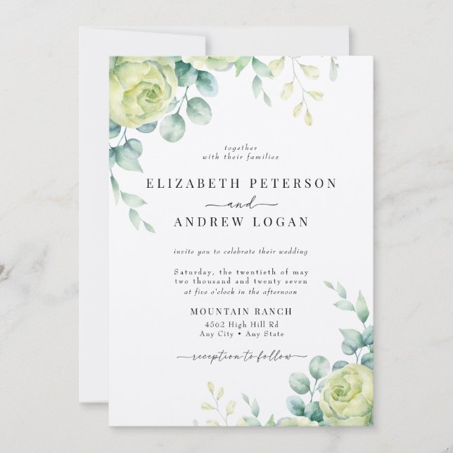 Invitación Rosas de Eucalipto | Boda Elegante Boho con Verdor (Anverso)