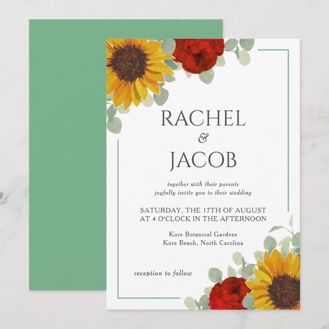 Invitación Rosas de Eucaliptos Sunflowers Boda moderna (Anverso / Reverso)
