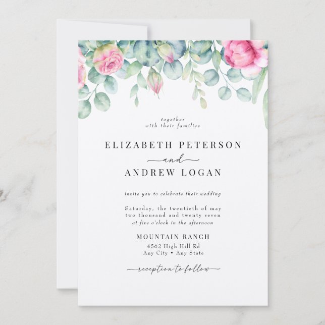 Invitación Rosas de Eucalyptus | Elegante Boda del Boho Green (Anverso)