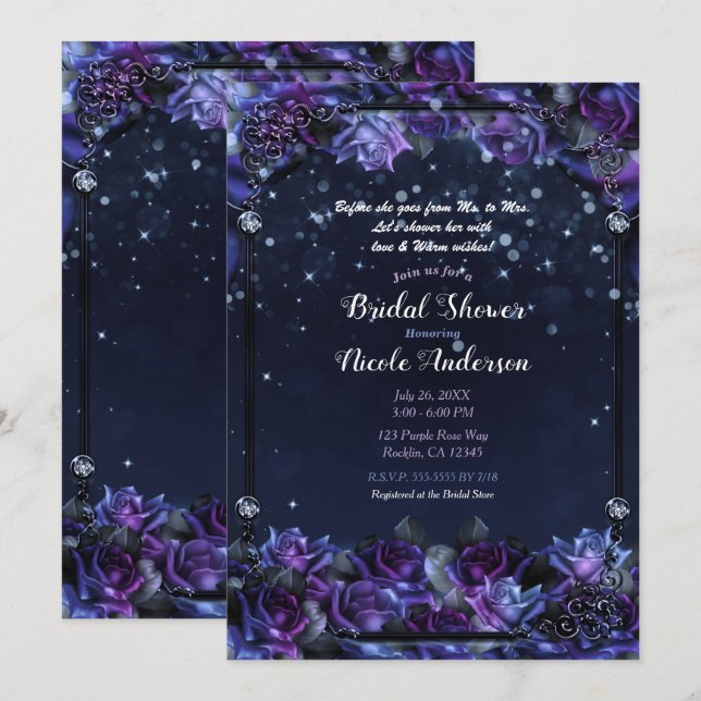 Invitación Rosas de fantasías moradas encantados ducha de nov (Anverso / Reverso)