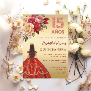 Invitación Rosas de florines de vestimenta dorada roja de Qui