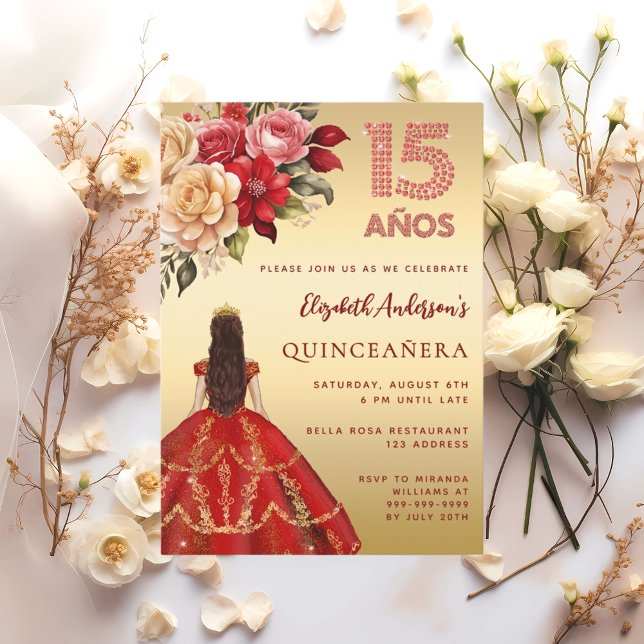 Invitación Rosas de florines de vestimenta dorada roja de Qui (Subido por el creador)