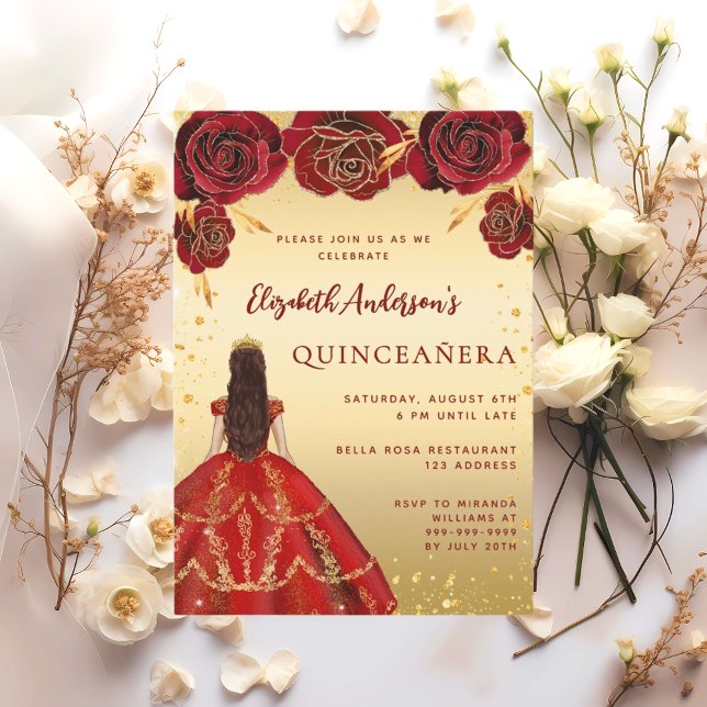 Invitación Rosas de florines de vestimenta dorada roja de Qui (Subido por el creador)