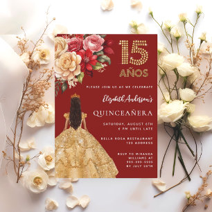 Invitación Rosas de florines de vestimenta dorada roja de Qui