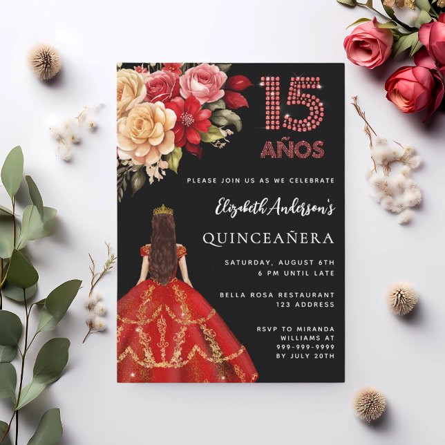 Invitación Rosas de florines de vestimenta roja negra de Quin (Subido por el creador)