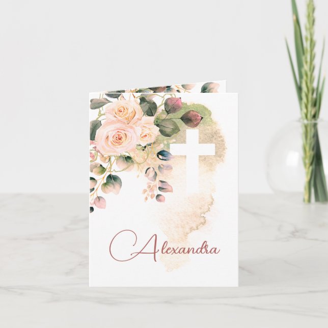 Invitación Rosas de fotografía que bautizan con bautismo reli (Anverso)