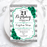 Invitación Rosas de franjas blancas de plata verde 21 cumplea<br><div class="desc">Invitación a la fiesta de cumpleaños número 21. Elegante diseño verde esmeralda floral con rosas. Incluye tiras falsas purpurinas de plata y blanco y letra de guión. Perfecto para una elegante celebración del cumpleaños de las mujeres. ¡Se puede personalizar para cualquier edad! Invitaciones Zazzle impresas o una plantilla imprimible digital...</div>