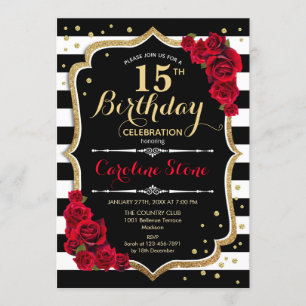 Invitación rosas de franjas blancas negras invitan a los 15 a