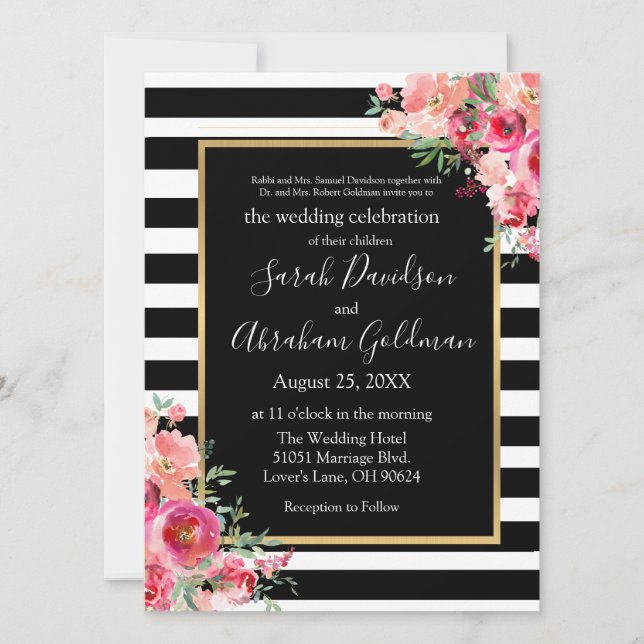 Invitación Rosas de franjas blancas y negras Boda judío (Anverso)