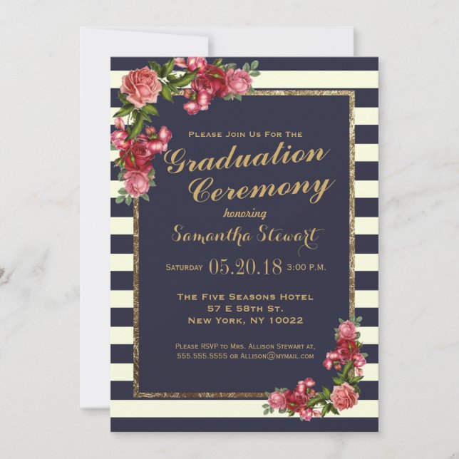 Invitación Rosas de franjas de la marina y ceremonia de gradu (Anverso)