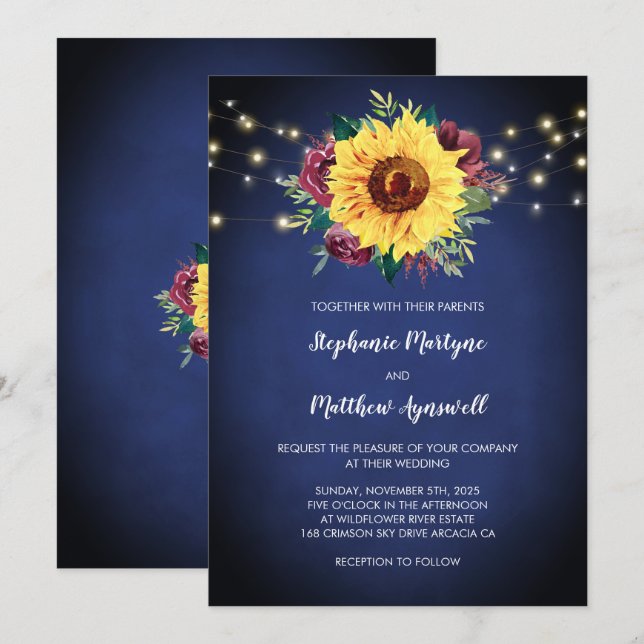Invitación Rosas de girasol borgoñosos iluminan a Boda azul d (Anverso / Reverso)