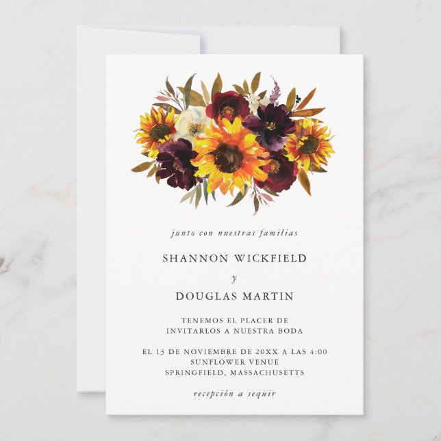 Invitación Rosas de girasol caída rusa Boda español (Anverso)