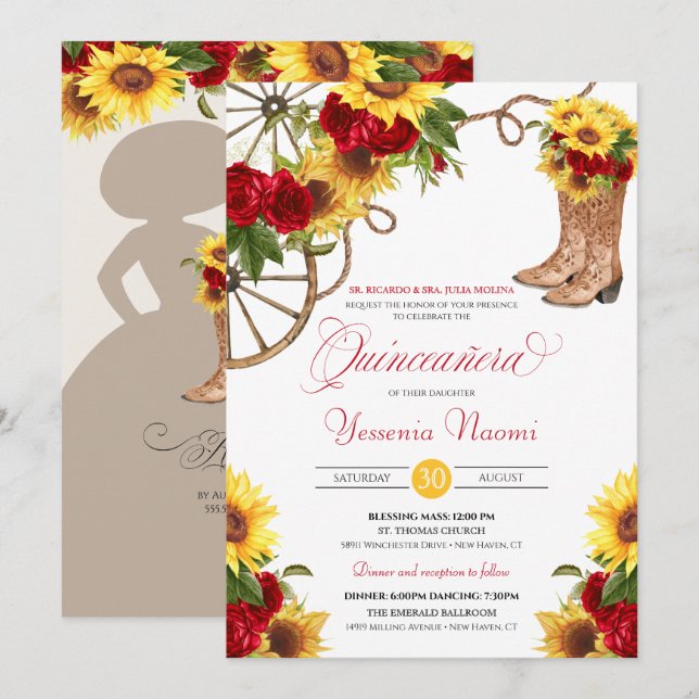 Invitación Rosas de girasol Floral Charra Quinceañera (Anverso / Reverso)