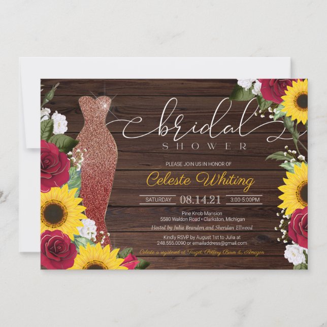 Invitación Rosas de girasol Rústico Glam Bridal Ducha Vestido (Anverso)