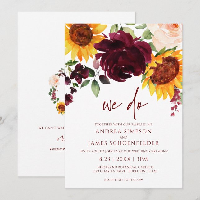 Invitación Rosas de girasoles caídos Boda de otoño rojo borgo (Anverso / Reverso)