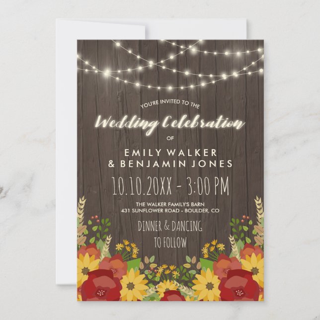 Invitación Rosas de girasoles iluminan a Boda ruso de granero (Anverso)