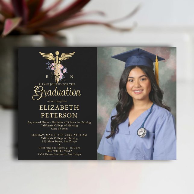 Invitación Rosas de graduación de la escuela de enfermería -  (nursing school graduation gold caduceum roses greenery floral contemporary modern photo nurse black)