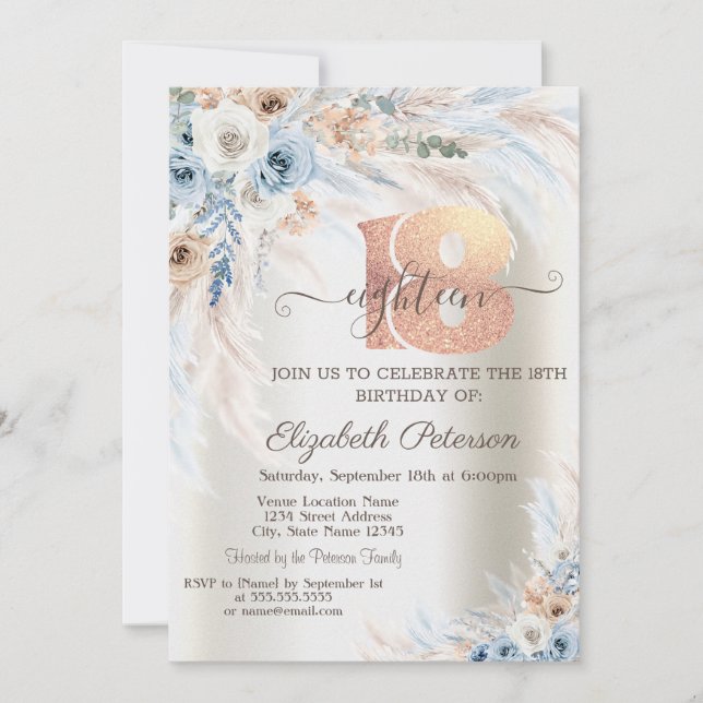 Invitación Rosas de Grass de Pampas Ivory 18 cumpleaños (Anverso)