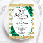Invitación Rosas de Green Gold White Stripes 21 cumpleaños<br><div class="desc">Invitación a la fiesta de cumpleaños número 21. Elegante diseño verde esmeralda floral con rosas. Presenta franjas falsas en oro y blanco purpurina y letra de guión. Perfecto para una elegante celebración del cumpleaños de las mujeres. ¡Se puede personalizar para cualquier edad! Invitaciones Zazzle impresas o una plantilla imprimible digital...</div>