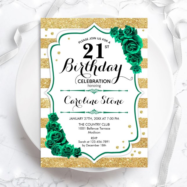 Invitación Rosas de Green Gold White Stripes 21 cumpleaños (Subido por el creador)