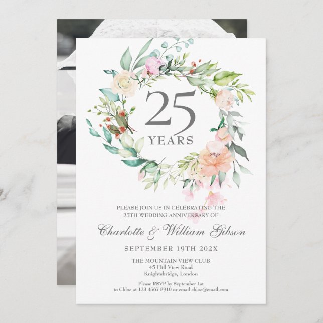 Invitación Rosas de guirnalda para foto de boda del 25 aniver (Anverso / Reverso)