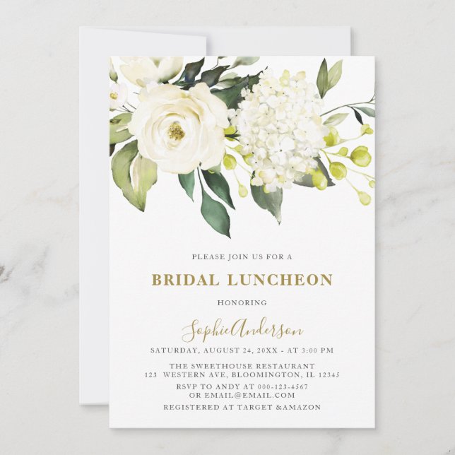 Invitación Rosas de Hidrangea Blanca BRIDAL LUNCHEON (Anverso)