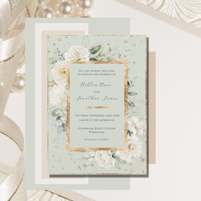 Invitación Rosas de hidrangea floral blanca Boda verde oro (Subido por el creador)