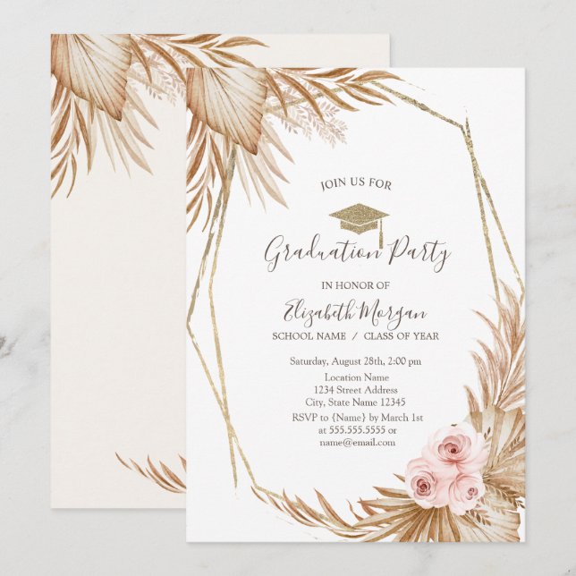 Invitación Rosas de hierba de Pampas Gorra de graduación, Gra (Anverso / Reverso)