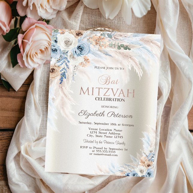 Invitación Rosas de hierba de Pampas Marfil Bat Mitzvah (Subido por el creador)