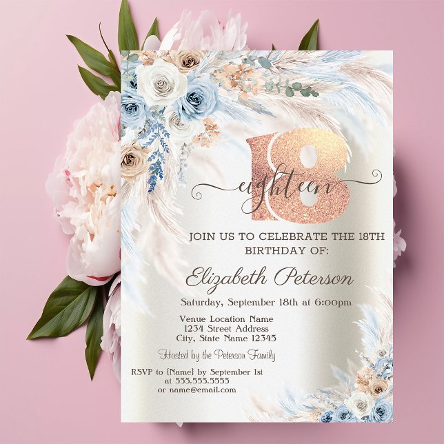 Invitación Rosas de hierba de Pampas marfil Cumpleaños 18 (Subido por el creador)
