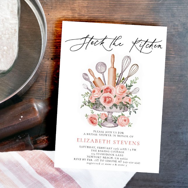 Invitación Rosas de horneado de cocina en stock  de novia duc (stock the kitchen baking cooking bridal shower invitation tools bouquet roses watercolor pink)