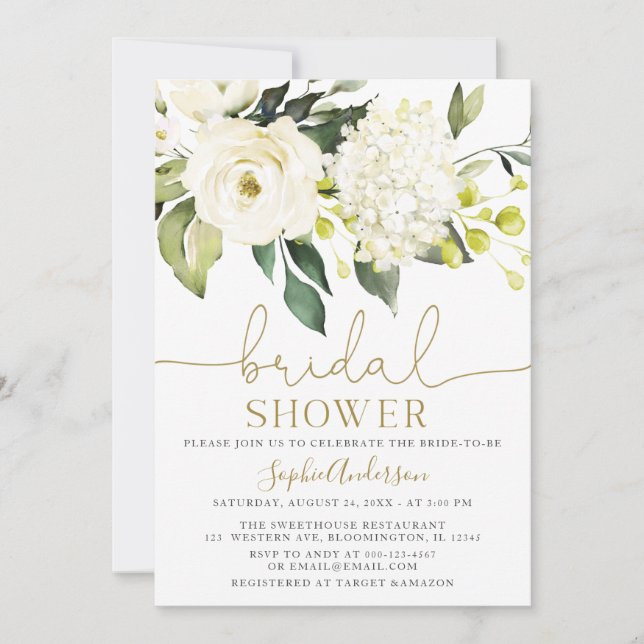 Invitación Rosas de Hydrangea Blanca ducha de novia (Anverso)