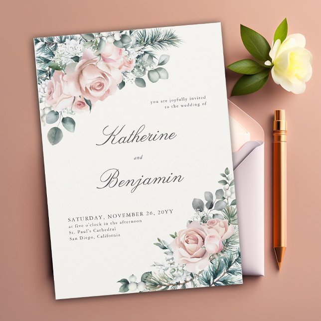 Invitación Rosas de invierno clásicos y formales elegante mat (elegant winter wedding invitation blush roses foliage floral frame formal traditional calligraphy)