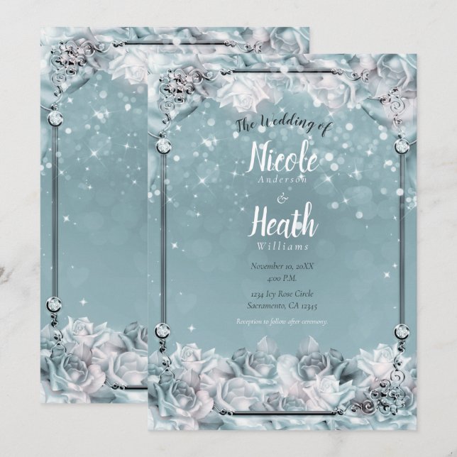 Invitación Rosas de invierno encantadas bodas plateado blanco (Anverso / Reverso)