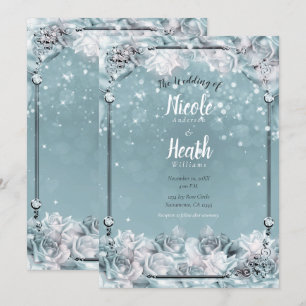 Invitación Rosas de invierno encantadas plata blanco teal bod