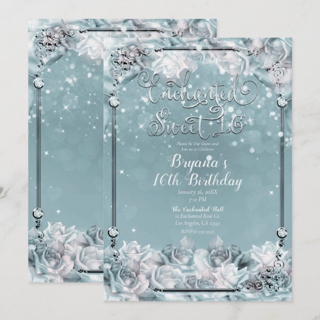 Invitación Rosas de invierno encantados dulce blanco plateado (Anverso / Reverso)