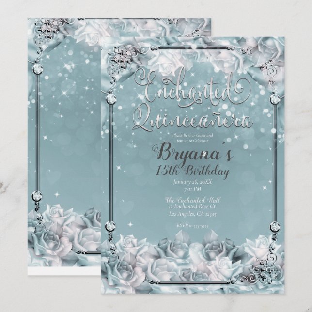 Invitación Rosas de invierno encantados Quinceañera blanca pl (Anverso / Reverso)