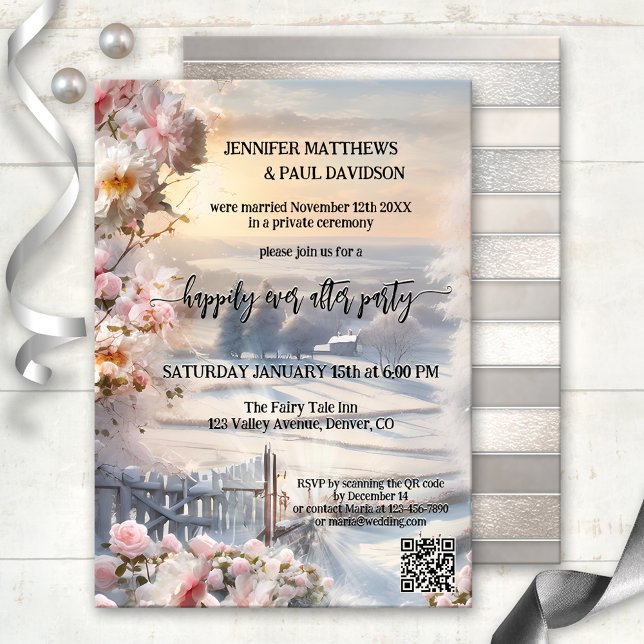 Invitación Rosas de invierno felices para siempre después del (Happily ever after wedding party invitation featuring a winter wonderland scene at sunset with roses)