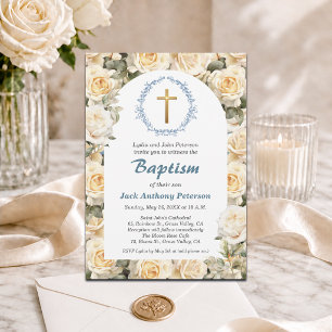 Invitación Rosas de jardín blancas Bautizo Cruz de Oro 