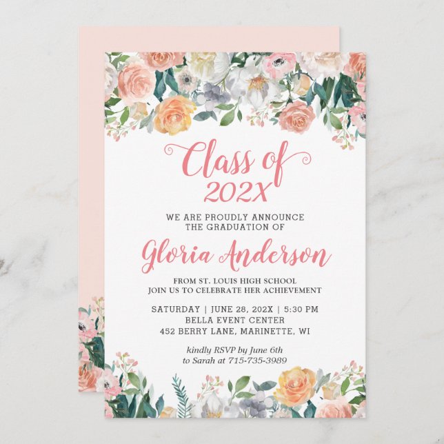 Invitación Rosas de jardín Bloom Floral Clase de Graduación 2 (Anverso / Reverso)