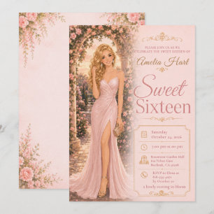 Invitación Rosas de jardín rosadas para Sweet Sixteen