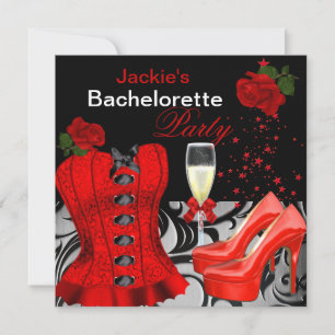 Invitación Rosas de la Bachelorette Party Red Black Corset