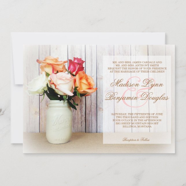 Invitación Rosas de la boda rural rusa de Mason Jar invitan (Anverso)